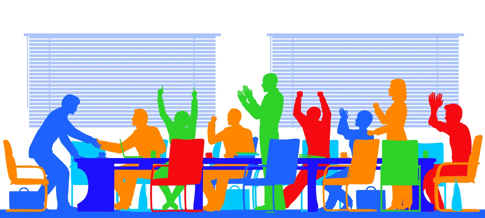 Illustration: a lively, colourful meeting around a table